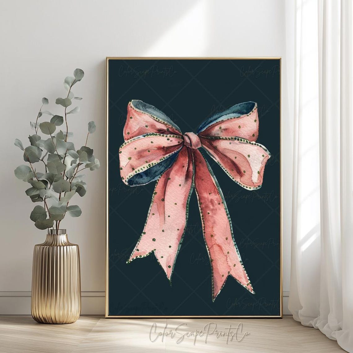 Blush Pink Christmas Bow Watercolor Coquette Holiday Poster Art - Image 3