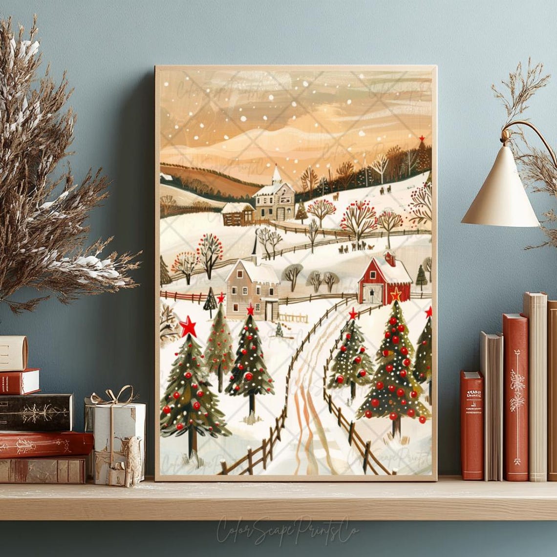 Folk Art Snowy Farm with Decorated Christmas Trees and Red Barn Poster - Image 3
