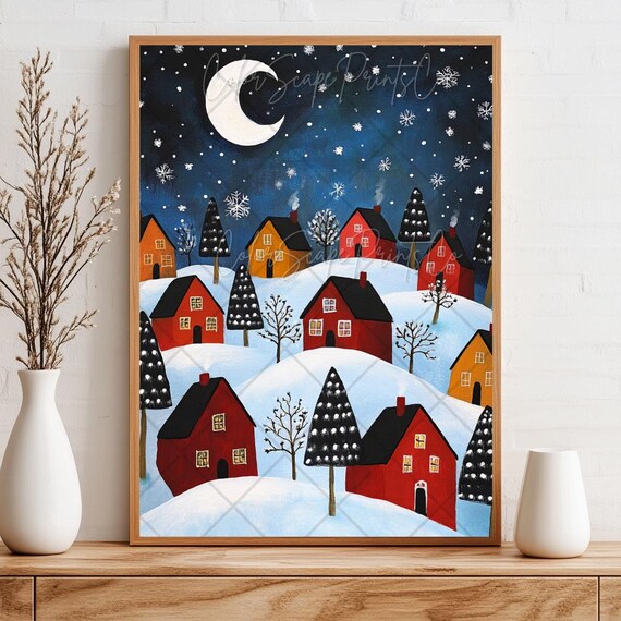 Christmas Village Print Starry Night Print Folk Christmas Village Art Whimsical Winter Landscape Art Winter Village Print Christmas Painting