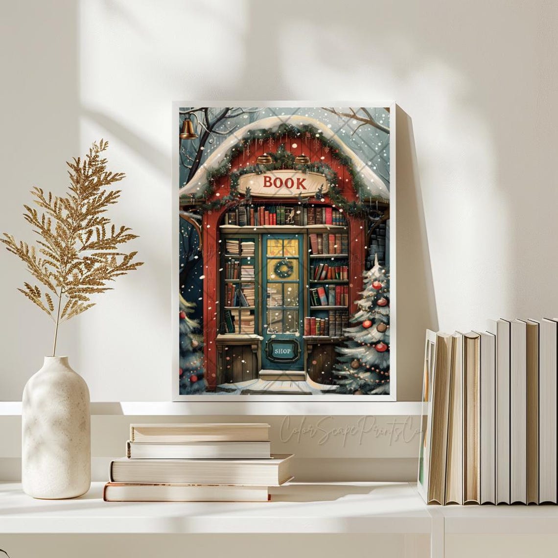 Cozy Red Bookshop Snowy Night Glowing Windows Holiday Poster - Image 2