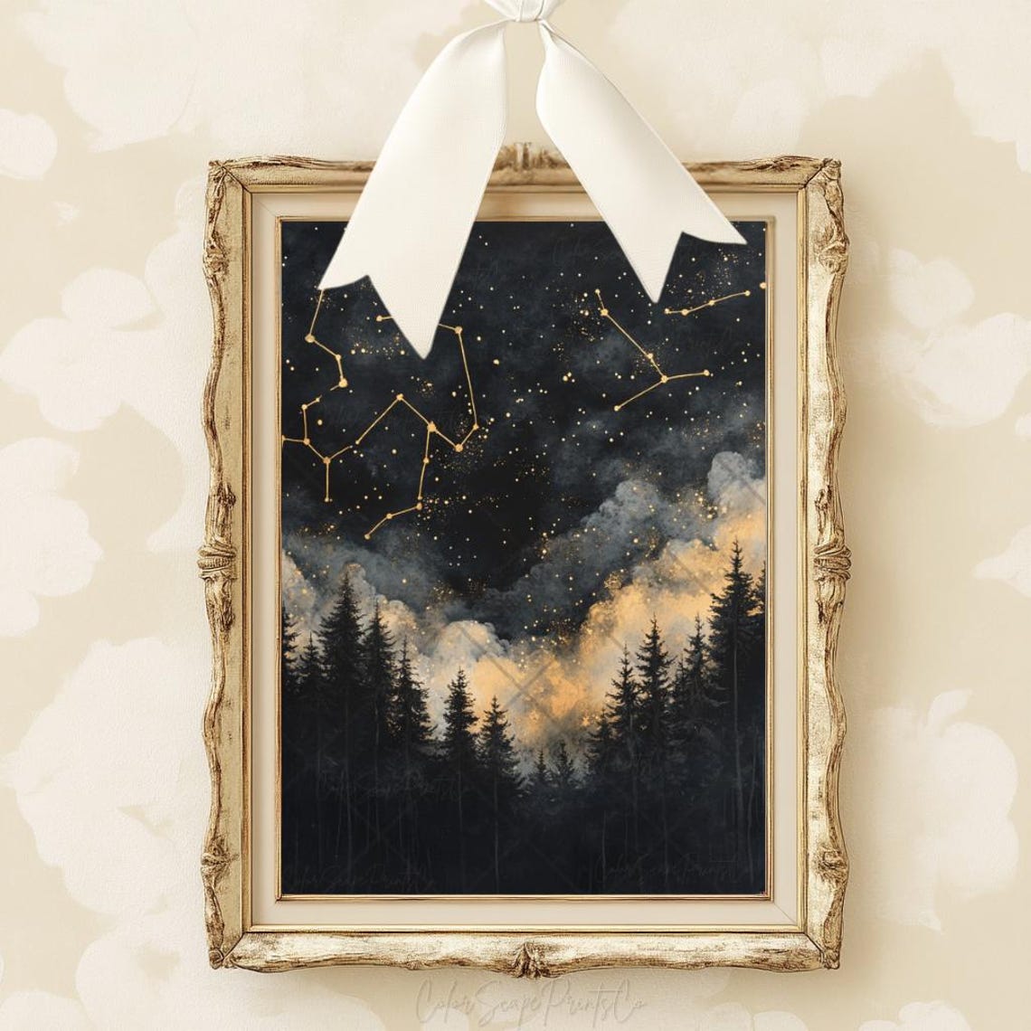 Gold Constellation Map Starry Night Over Pine Forest Silhouette Poster - Image 3