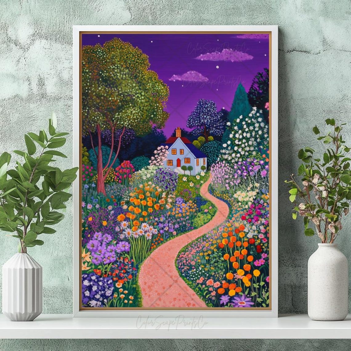 Winding Cottage Garden Path Under a Purple Night Sky Flowers Poster - Image 2