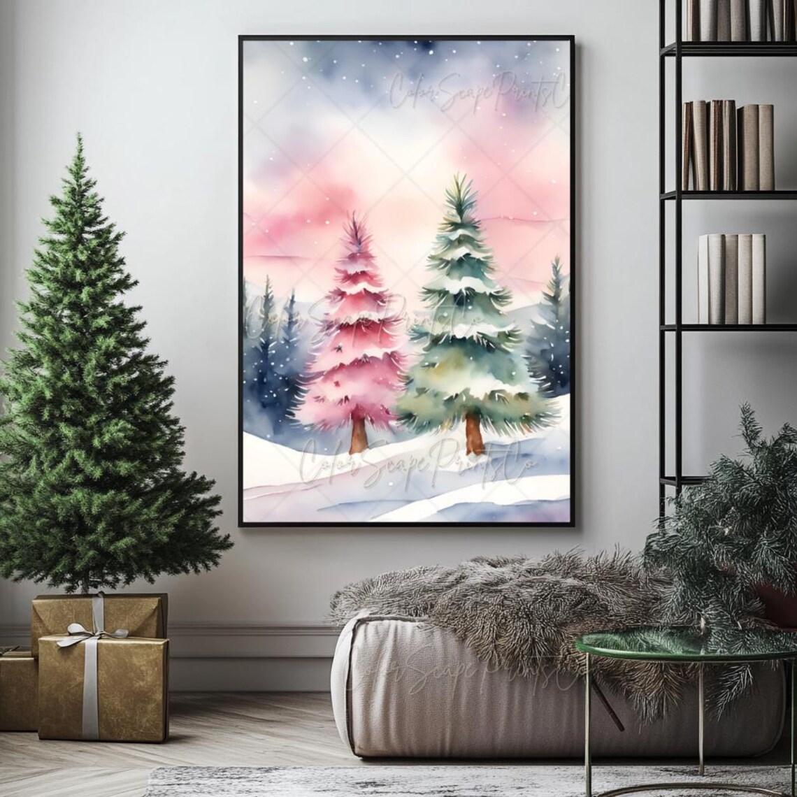 Pastel Watercolor Snowy Pine Trees at Sunset Soft Winter Art Poster - Image 3