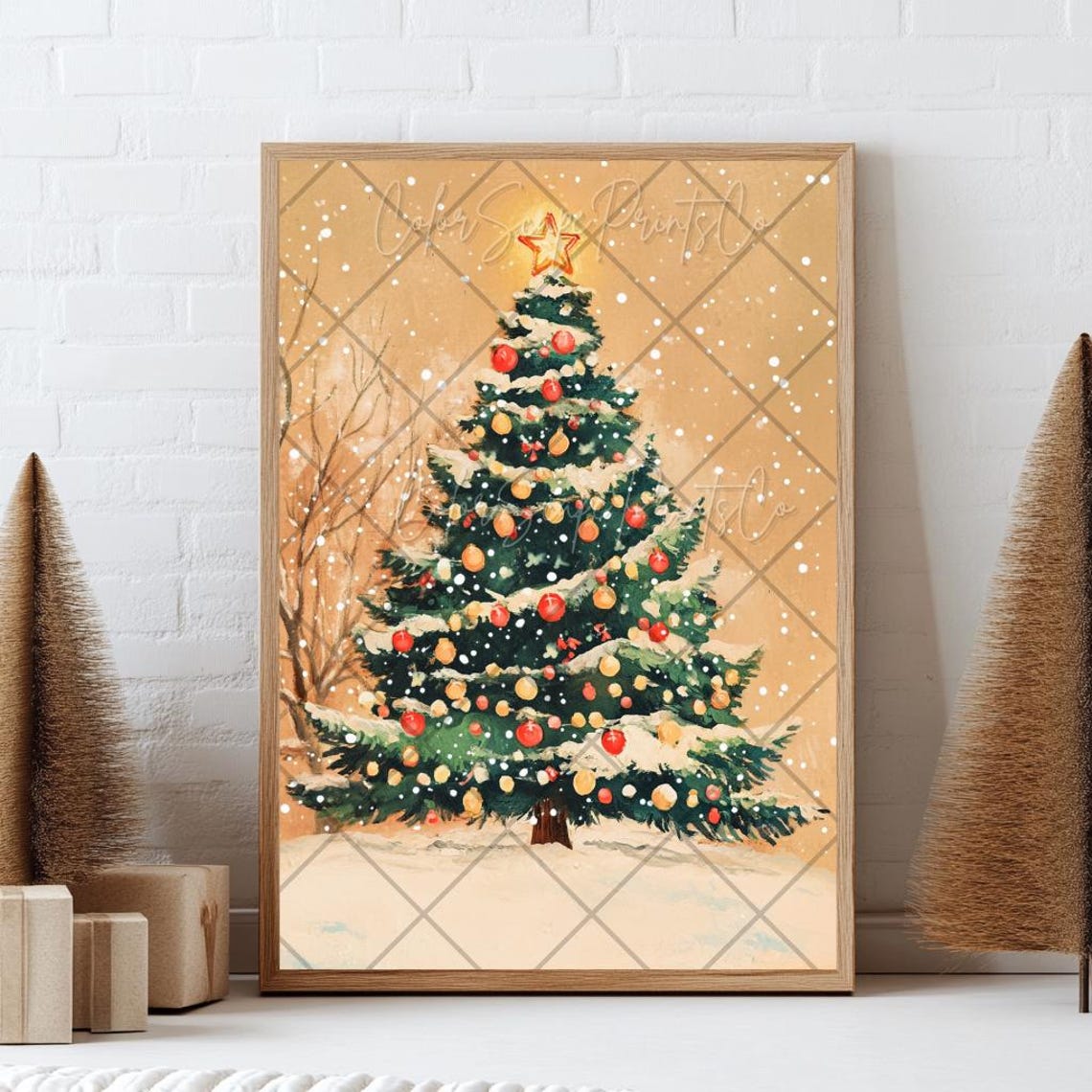 Snowy Christmas Tree with Red and Gold Ornaments Warm Beige Poster - Image 2