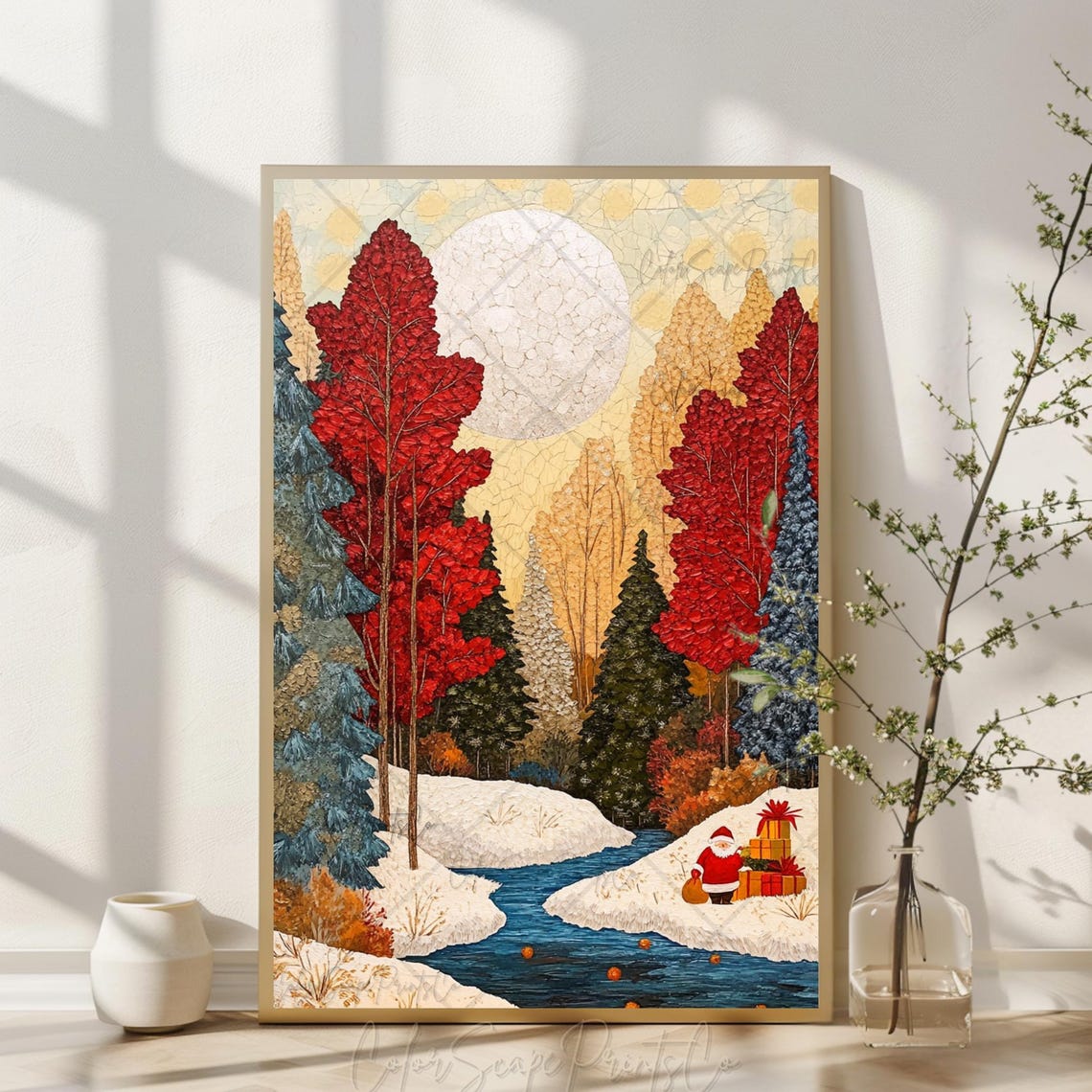 Mosaic Winter River Valley Moonlit Forest Santa Gifts Poster - Image 4