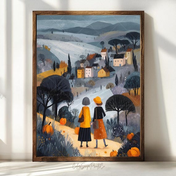 Autumn Village Landscape Print Cozy Fall Pumpkin Field