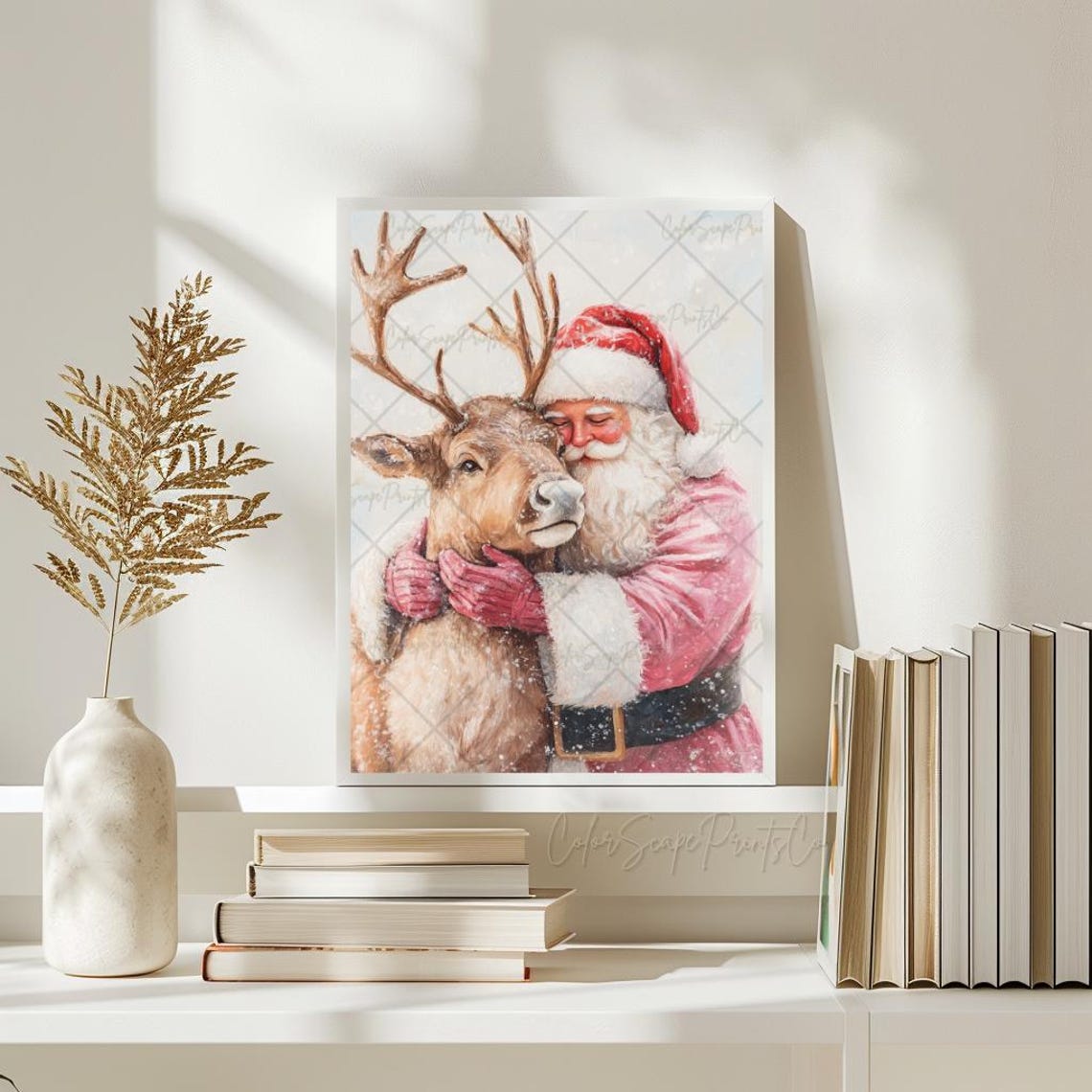 Santa in Pink Suit Hugging His Reindeer Tender Watercolor Poster - Image 3