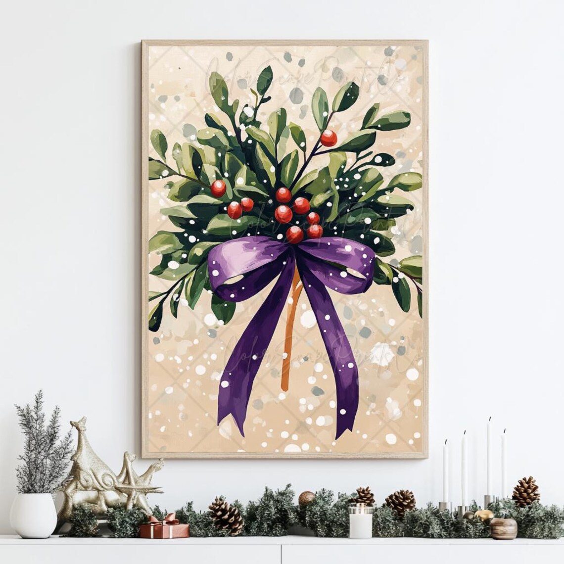 Green Foliage Bouquet with Red Berries and Purple Bow Winter Poster - Image 3