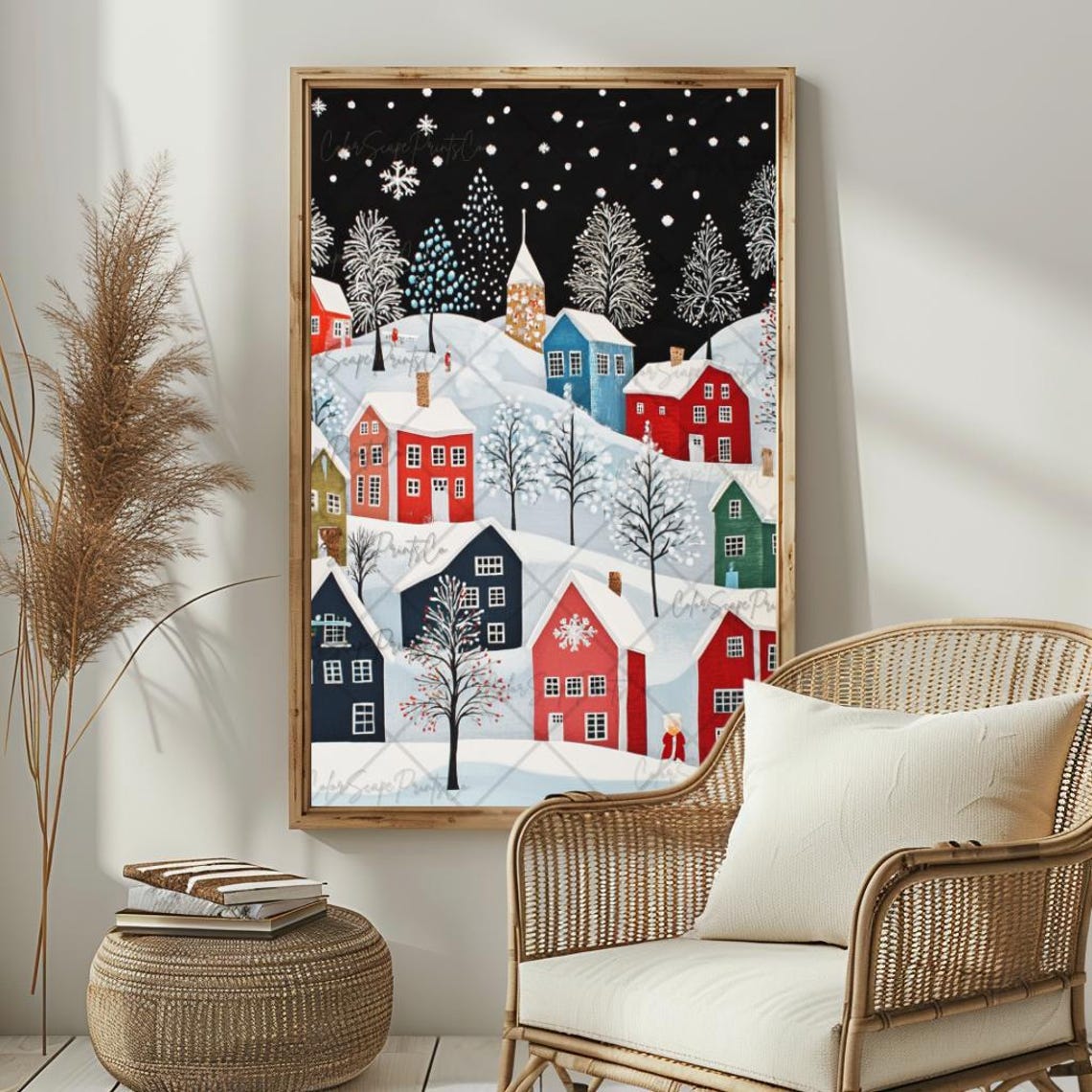 Christmas Village Print Winter Village Art Christmas Painting Winter Folk Art Painting Winter Landscape Christmas Art Colorful Winter Scene - Image 3