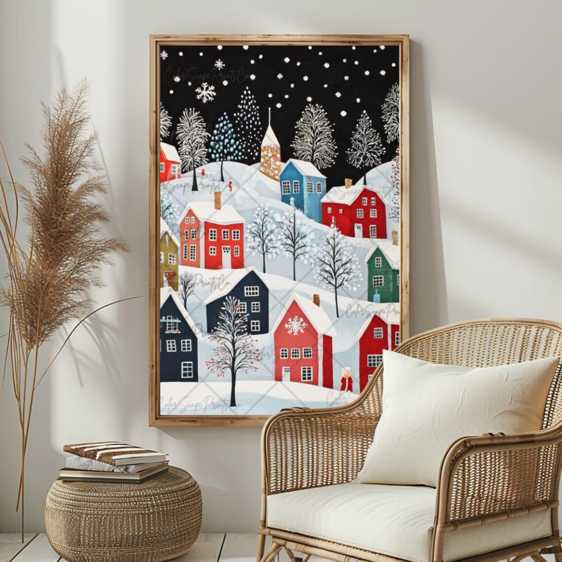 Snowy Christmas Village Night Colorful Houses Starry Sky Poster - Image 3