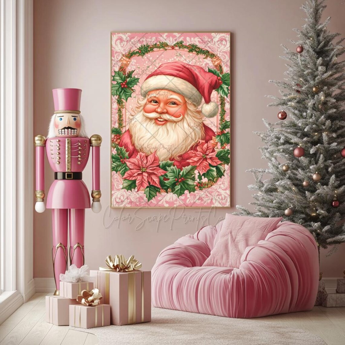 Pink Santa Claus Portrait with Poinsettias and Holly Vintage Poster - Image 4