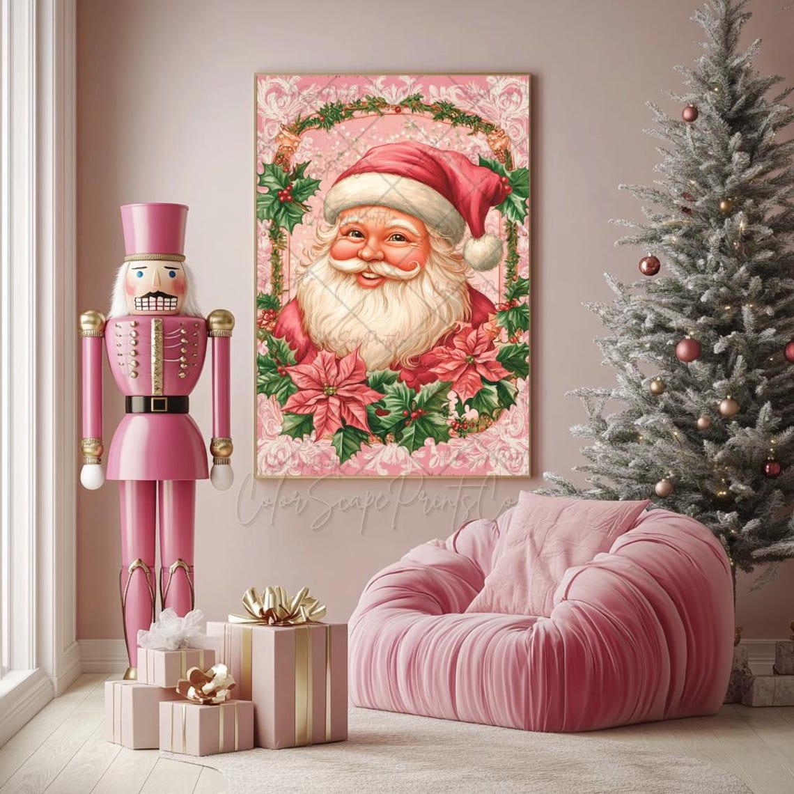 Pink Santa Wall Art Santa Claus Painting Christmas Santa Print Santa Claus Portrait Pink Christmas Holiday Elegant Christmas Art - Image 4