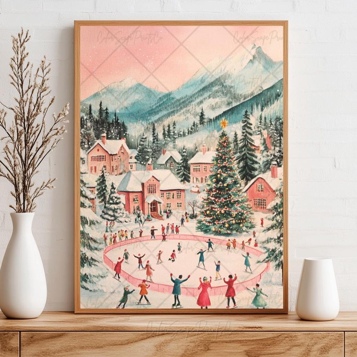 Winter Wonderland Painting Christmas Village Print Victorian Ice Skating Print Pink Winter Village Houses Art Pink Houses Holiday Wall Art - Image 2