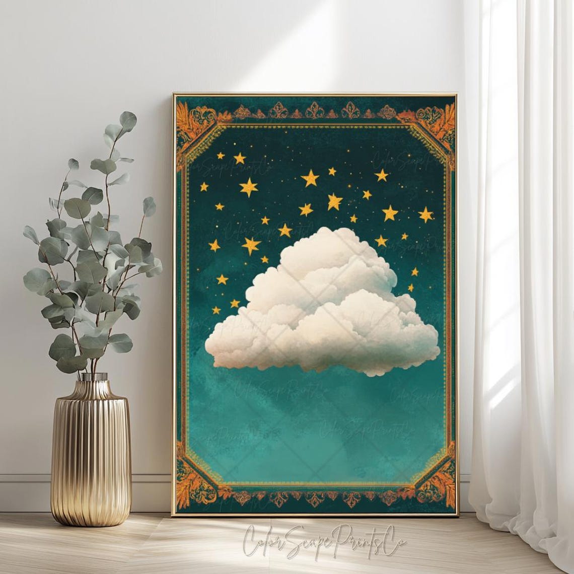 Fluffy White Cloud Starry Teal Night Sky Celestial Art Poster - Image 2