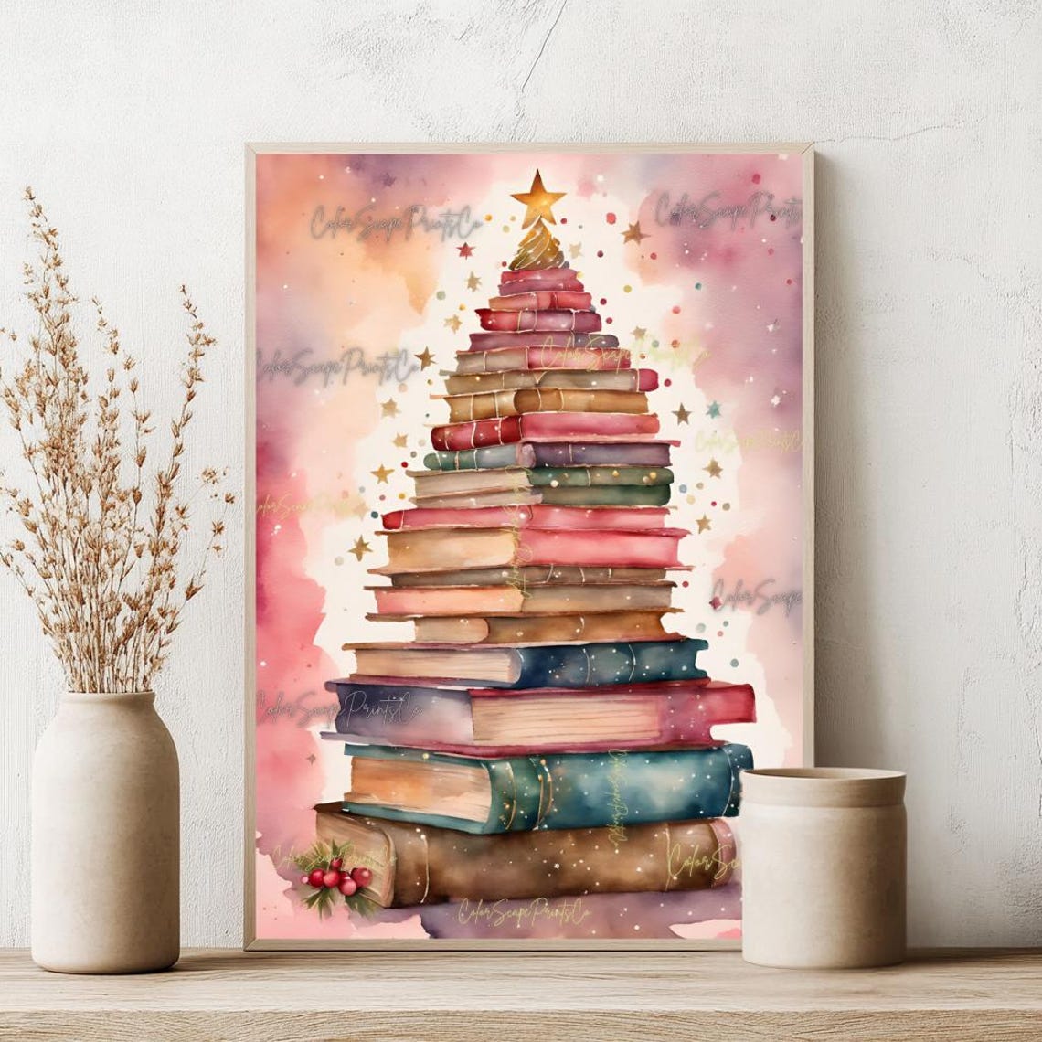 Pink Watercolor Book Stack Christmas Tree Holiday Gold Star Poster - Image 3