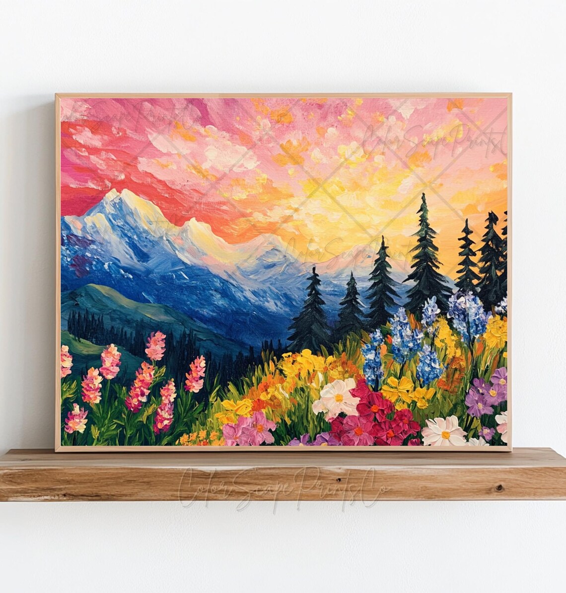 Daisy Mountain Sunset Colorful Wildflower Meadow Landscape Poster - Image 2