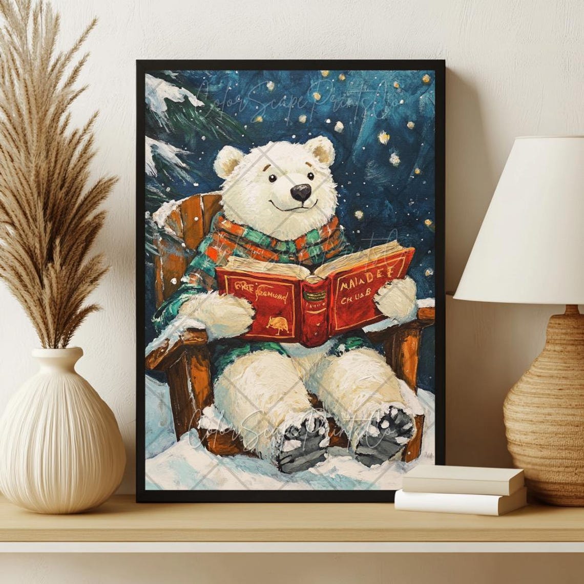 Polar Bear Reading Book in Snow Cozy Winter Booklover Poster - Image 2