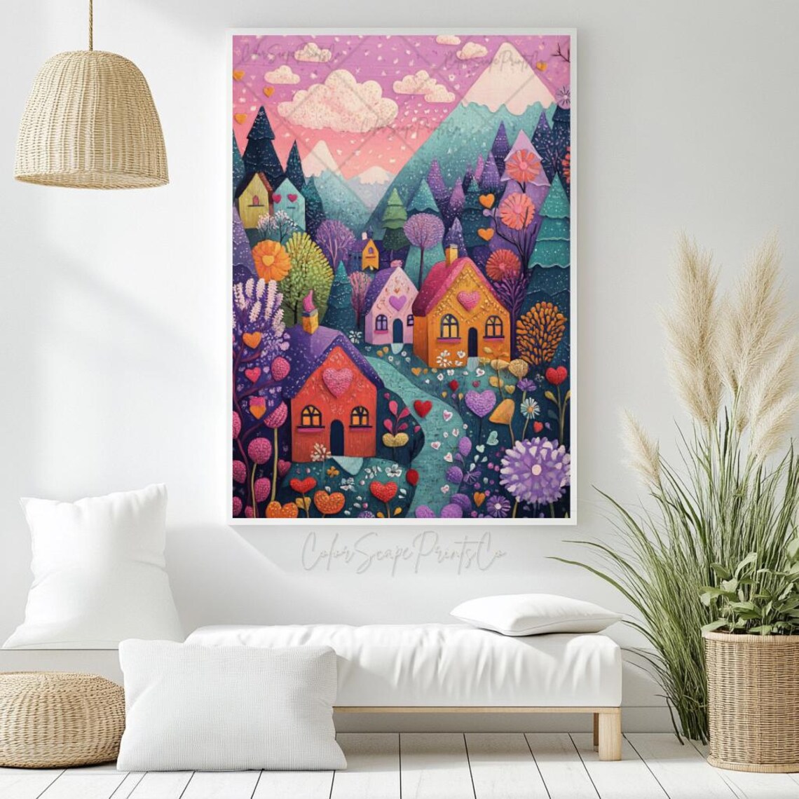 Whimsical Valentines Village with Heart Trees Pink Sky Painting Poster - Image 2