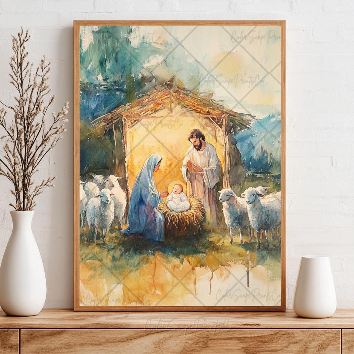 Jesus in the Holy Manger Nativity Scene Mary Joseph Sheep Poster - Image 3
