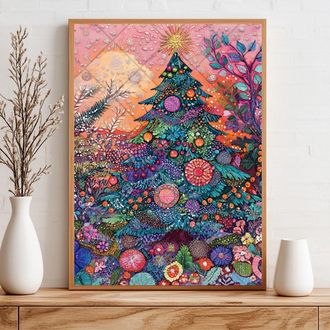 Whimsical Christmas Tree Colorful Boho Holiday Watercolor Poster - Image 3