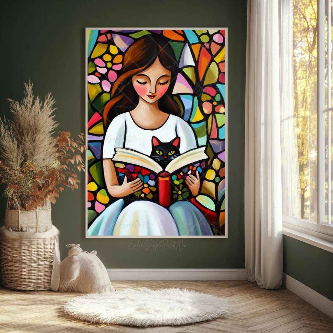 Reading Woman Painting Cat Reading A Book Print Woman And Cat Painting Black Cat Painting Colorful Book Art Reading Art Print Summer Reading - Image 3