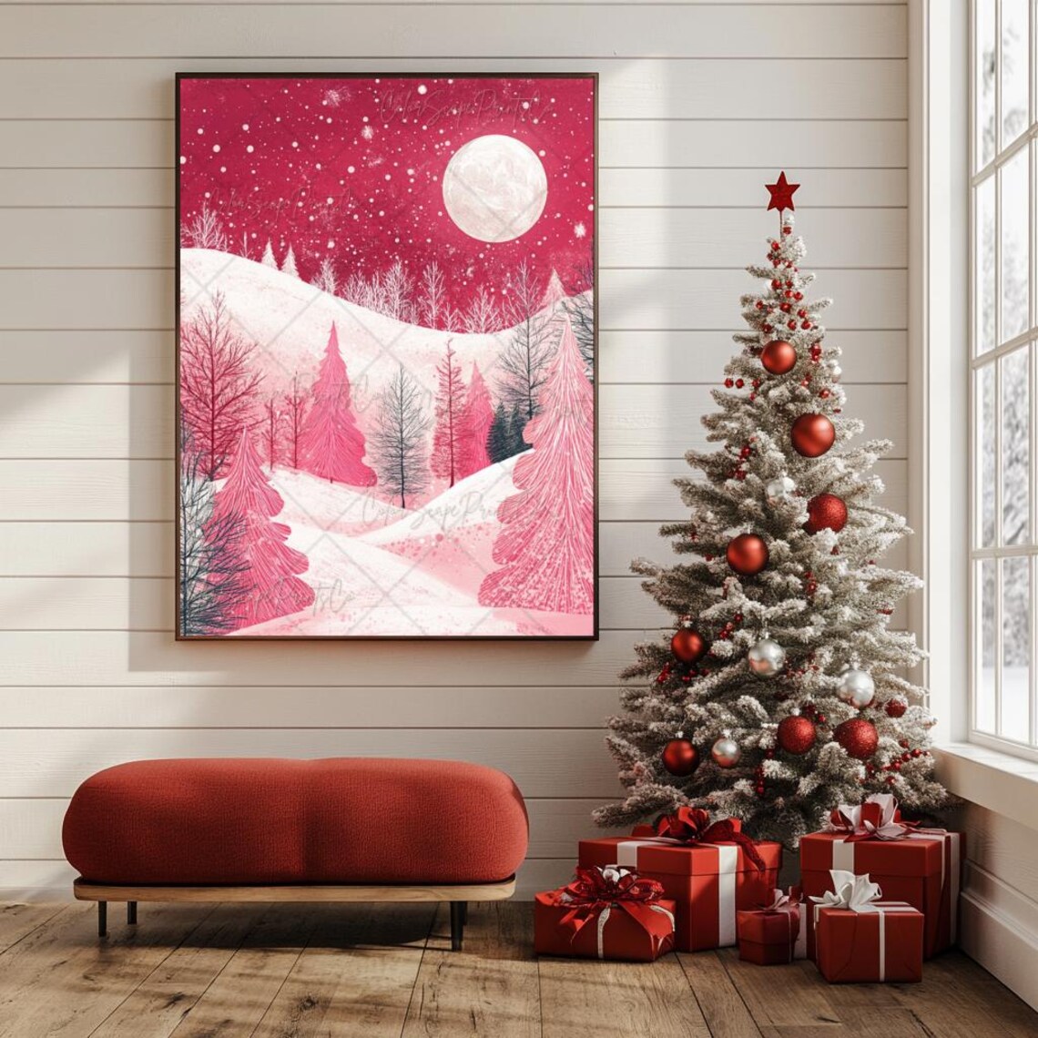 Pink Moonlit Snowy Forest with Full Moon Dreamy Winter Art Poster - Image 4