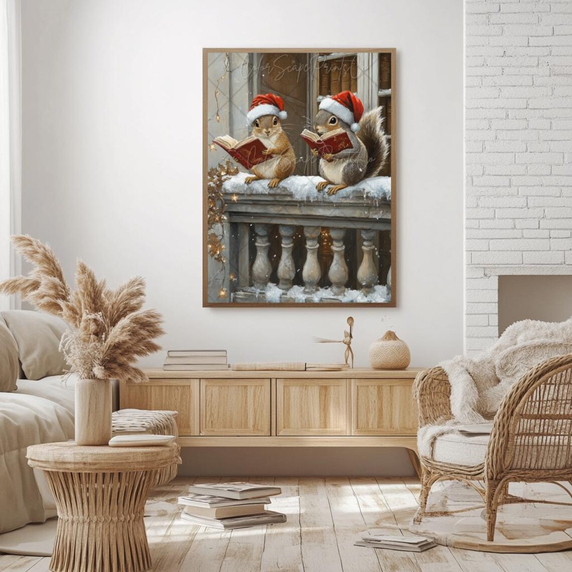 Two Squirrels in Santa Hats Reading Books Snowy Christmas Poster - Image 3
