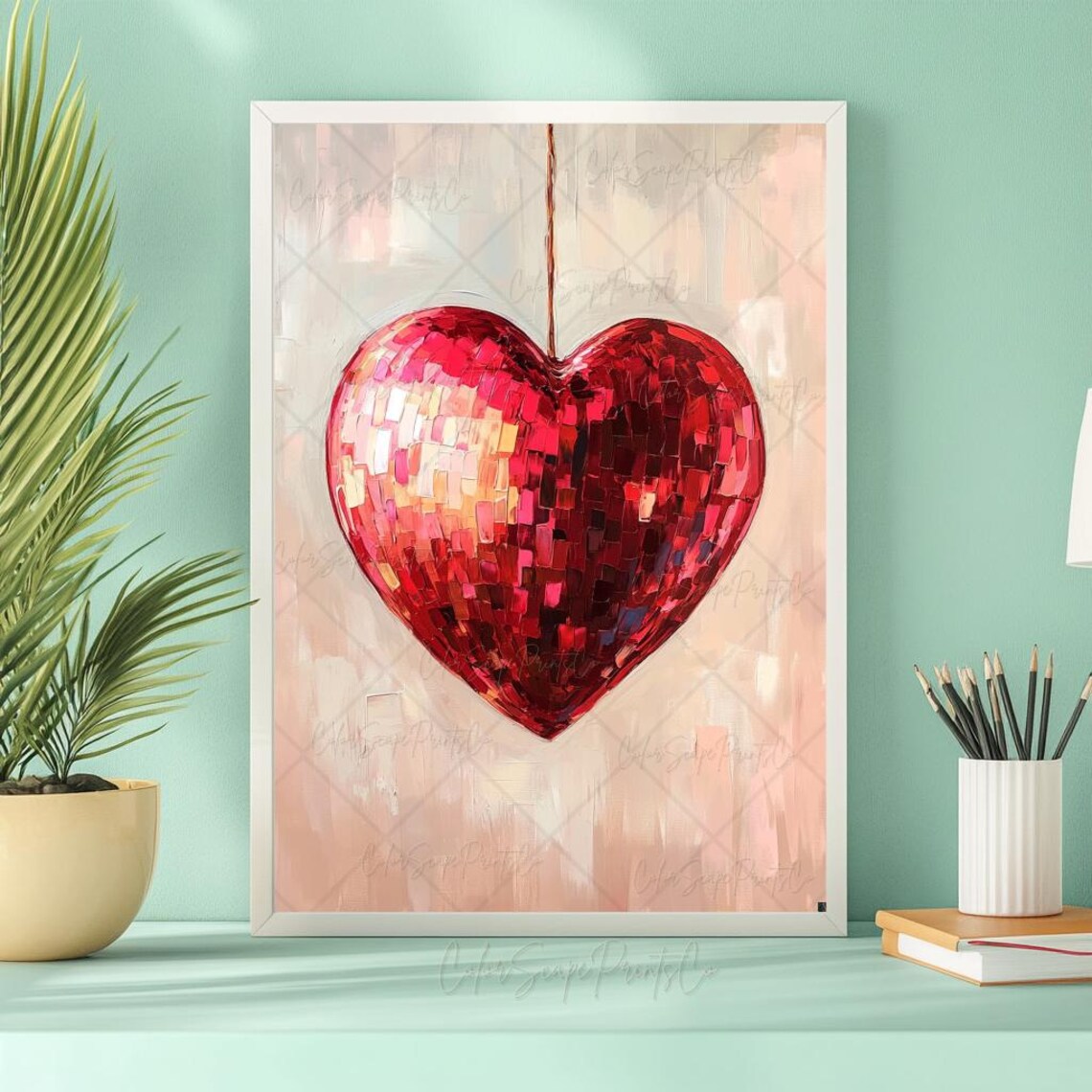Red Heart Disco Ball Painting Mirror Heart Valentine Retro Wall Art - Image 2