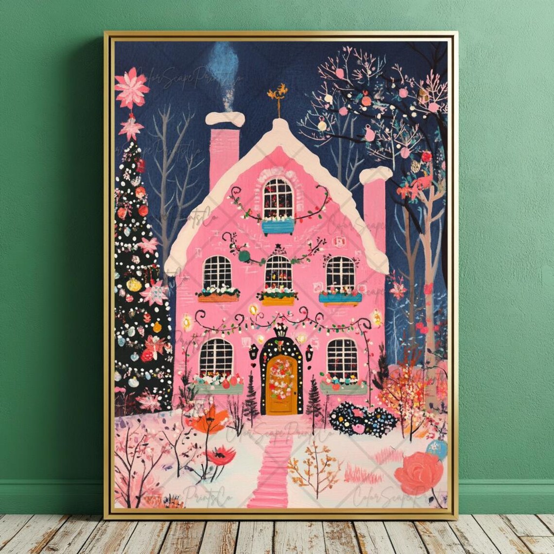 Pink Christmas House Snowy Cozy Wall Art Print