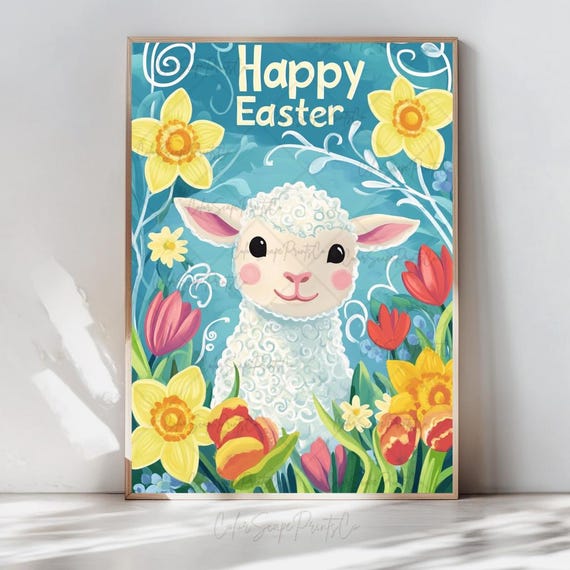 Easter Lamb Print Happy Easter Print Cute Spring Wall Art Easter Nursery Decor Pastel Animal Illustration Daffodil Tulip Flowers Easter Gift