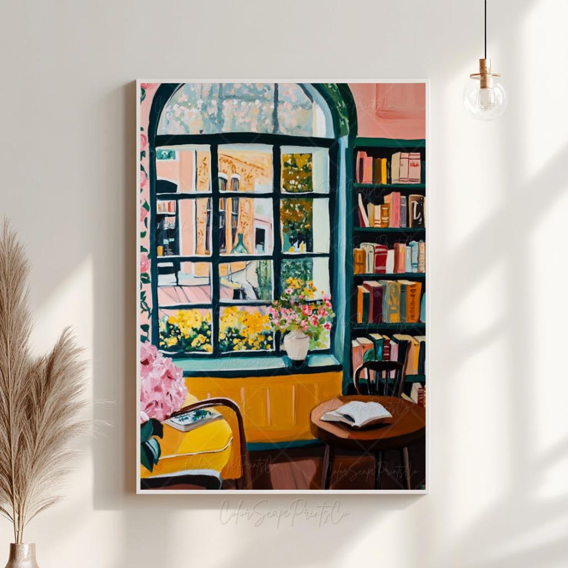 Cozy Vintage Bookstore Interior Painting Window Bookshelf Wall Art - Image 4