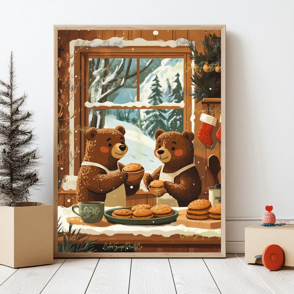 Cute Bears Baking Cookies Cozy Christmas Kitchen Holiday Art Poster