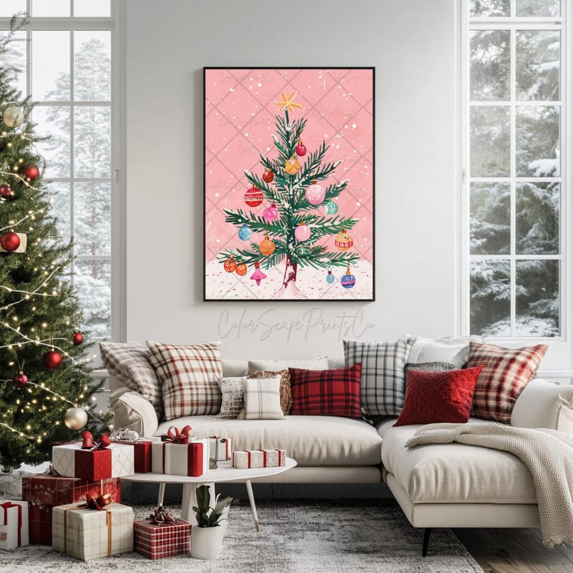 Pink Christmas Tree Colorful Ornaments Holiday Watercolor Poster - Image 2