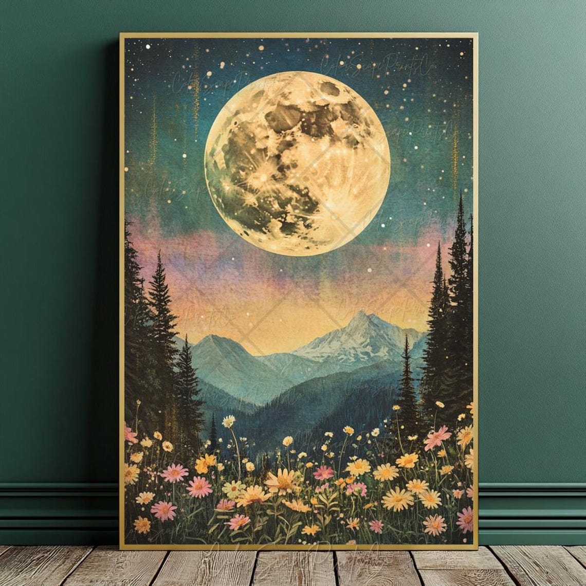 Giant Full Moon Over Mountains and Wildflower Meadow Night Poster - Image 2