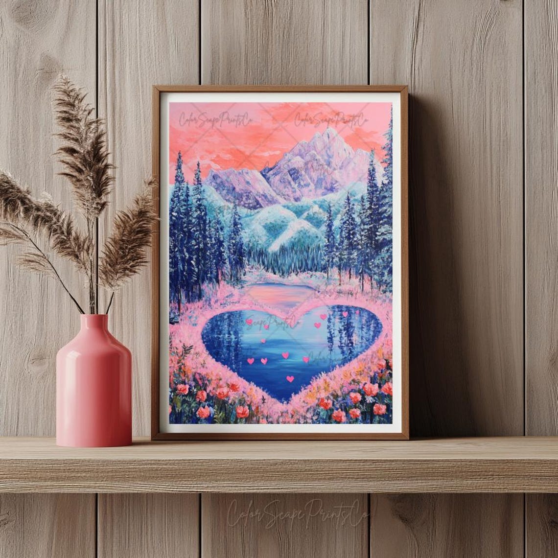 Heart Shaped Lake at Pink Sunset Romantic Mountain Landscape Poster - Image 3