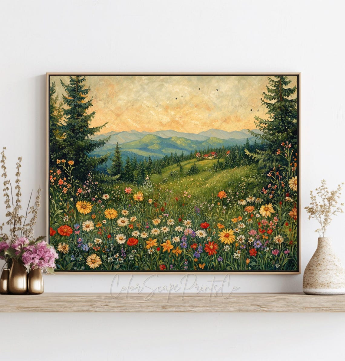 Wildflower Field Painting Vintage Garden Painting Sunset Painting Botanical Landscape Print Sunset Landscape Wall Art Botanical Floral Art - Image 2