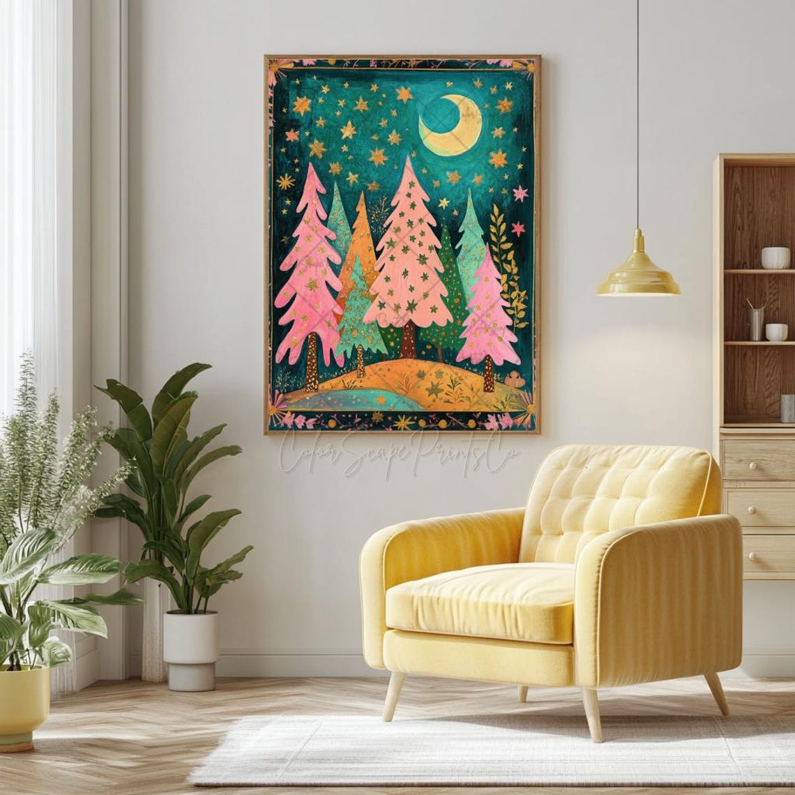 Colorful Rainbow Christmas Trees Moonlit Night Sky Stars Poster - Image 2