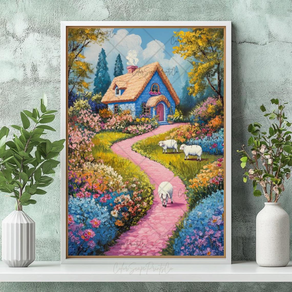 Blue Cottage Garden with Pink Path and Sheep Storybook Poster - Image 4