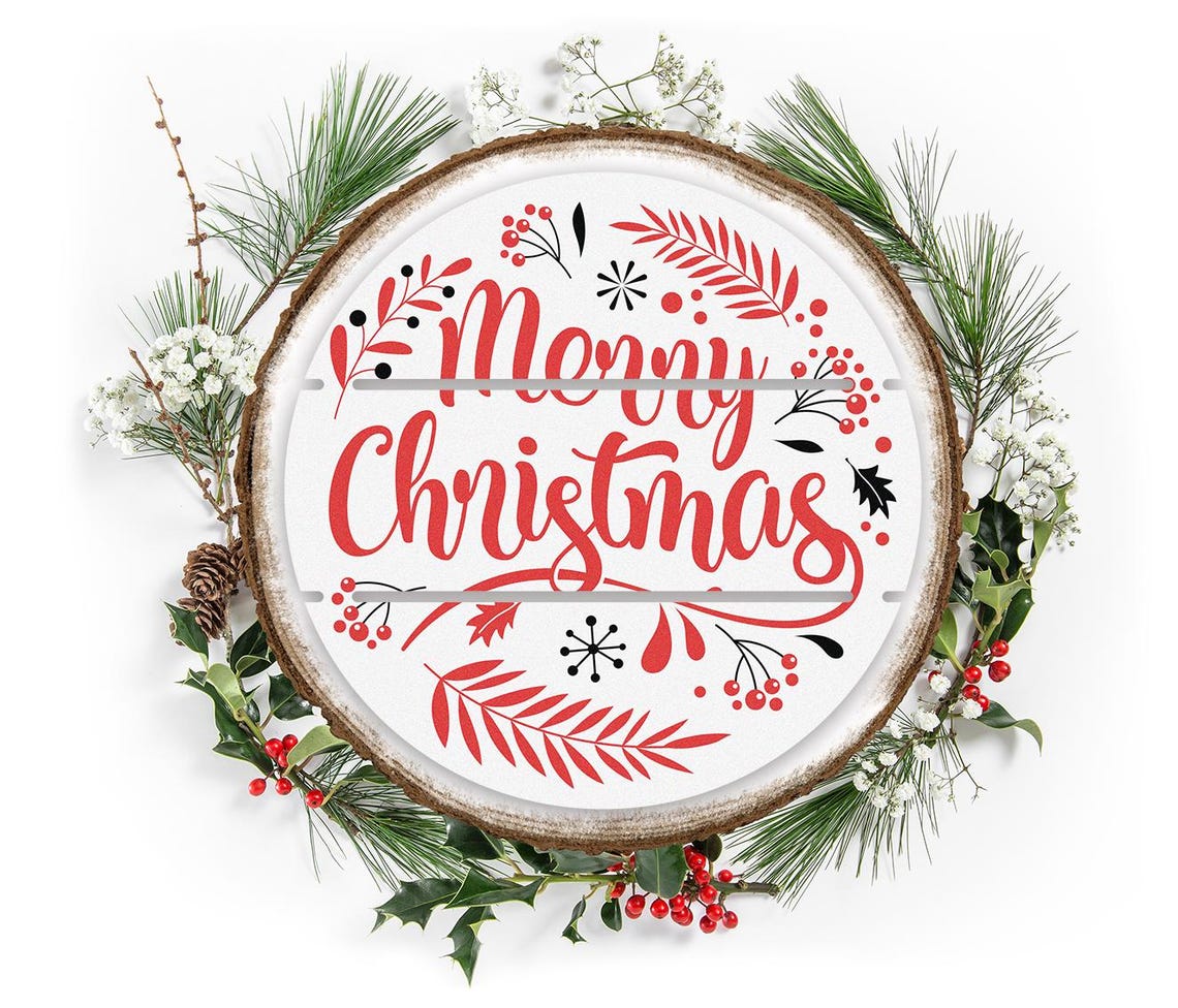 Red Script Merry Christmas Wood Slice Round Holiday Sign Poster