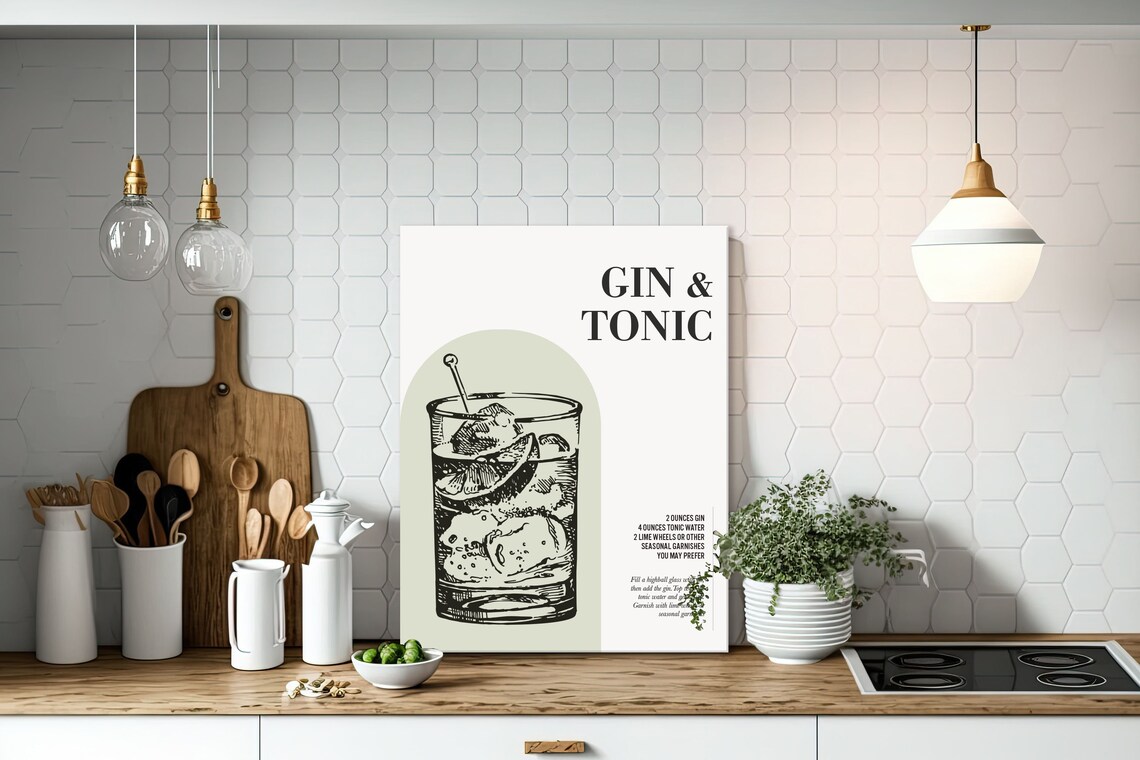 Gin And Tonic Classic Cocktail Recipe Poster With Vintage Glass Illustration - Image 3