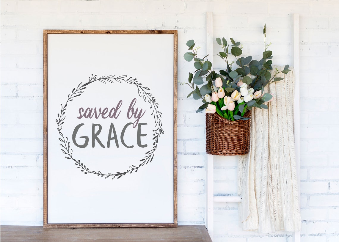 Saved by Grace Botanical Wreath Hanging Sign Bible Verse Poster - Image 3