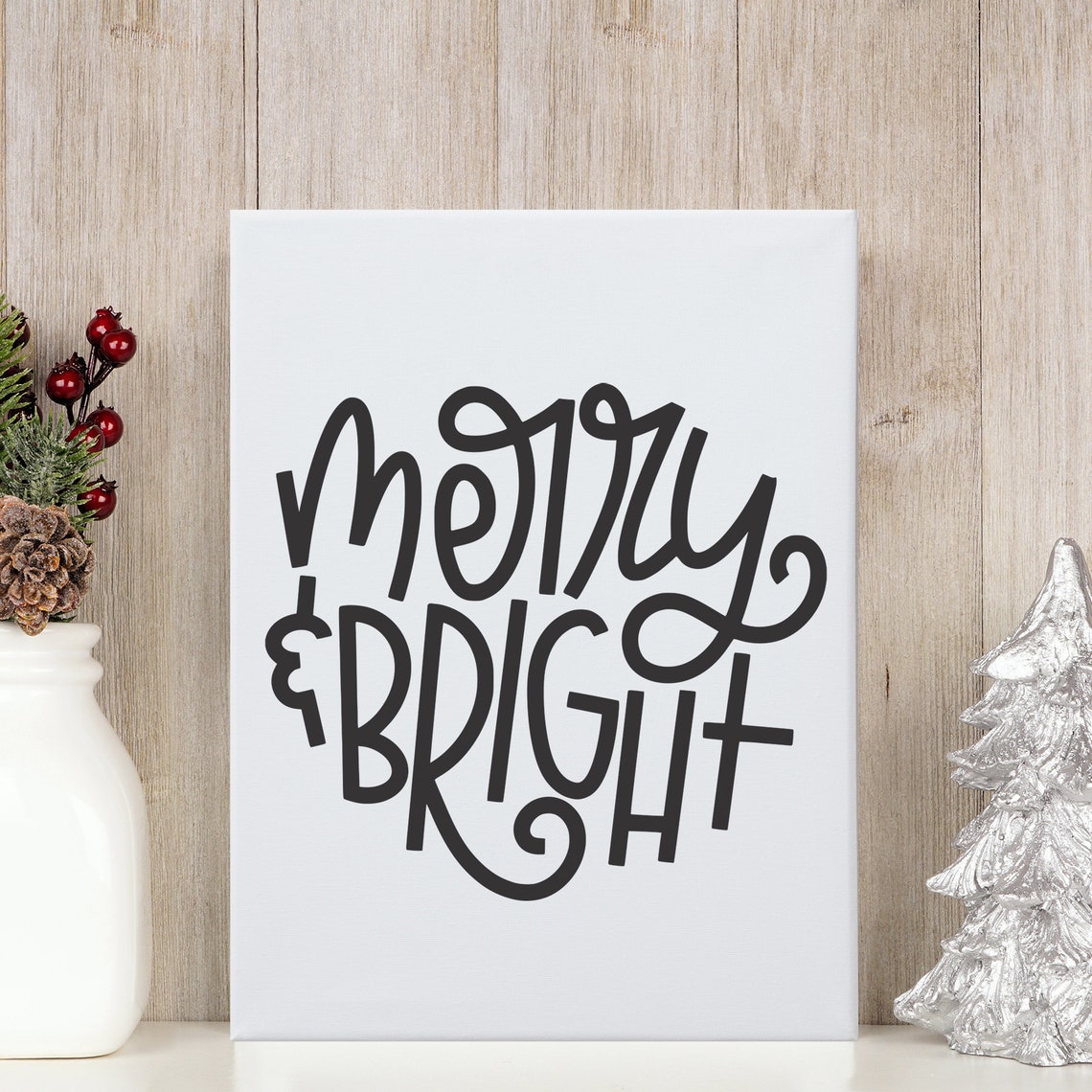 Merry and Bright Script Christmas Dark Wood Holiday Sign Poster - Image 3