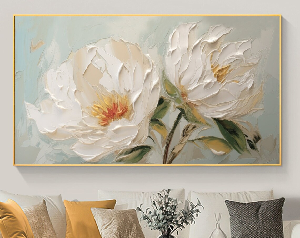 White Peony Flowers Soft Sage Impasto Texture Painting Poster