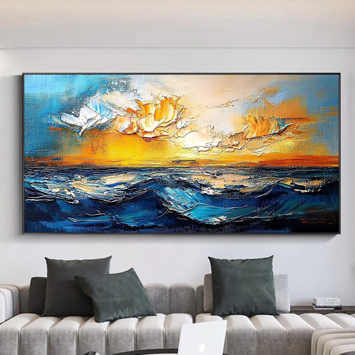 Dramatic Golden Sunset Ocean Waves Heavy Impasto Art Wall Poster
