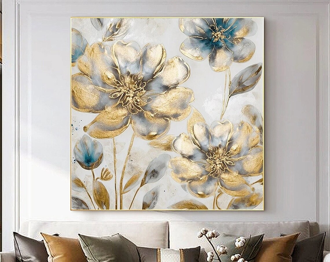 Gold and Blue Gray Floral Blooms with Gold Leaf Accent Poster