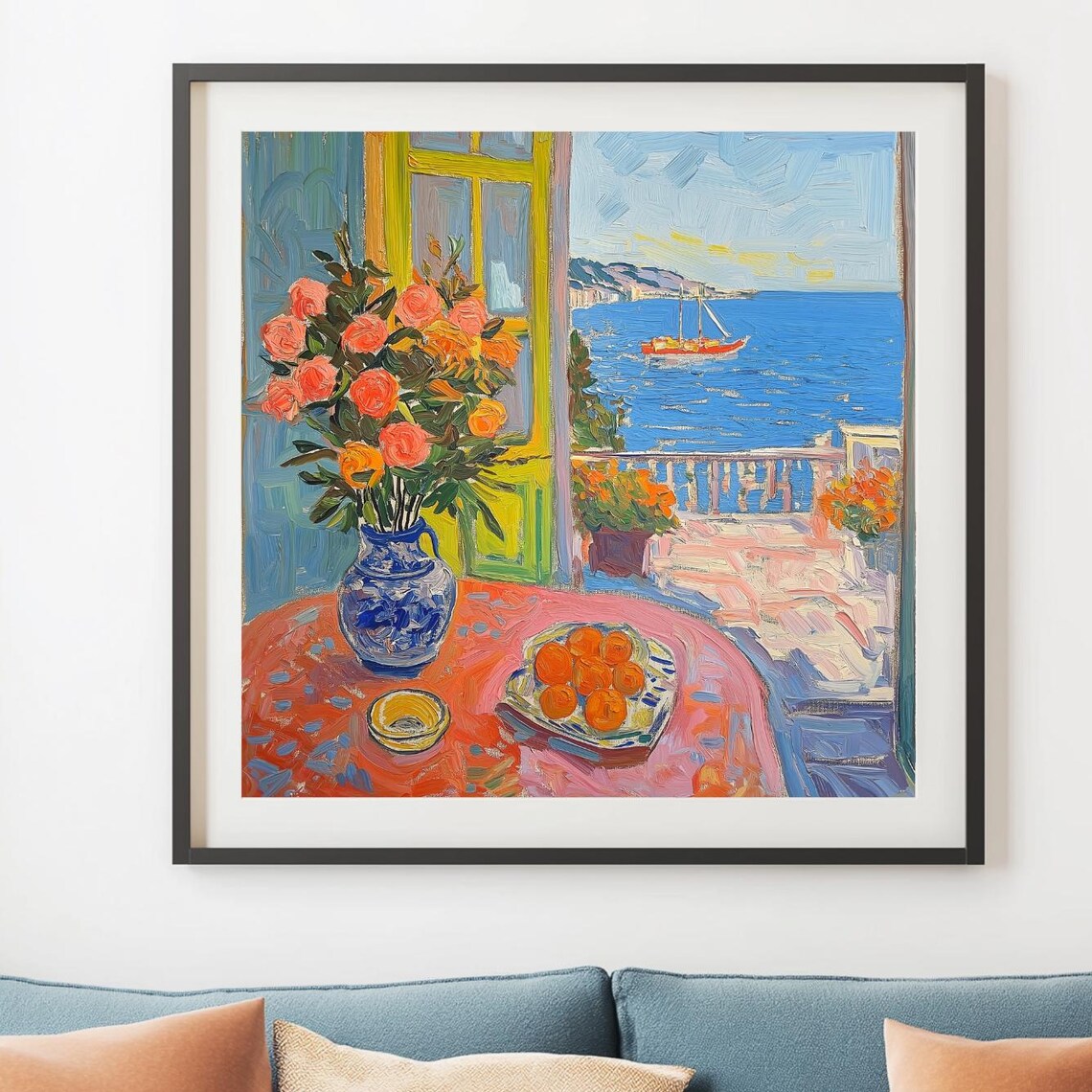 French Window Sea View Roses Oranges Still Life Colorful Art Poster