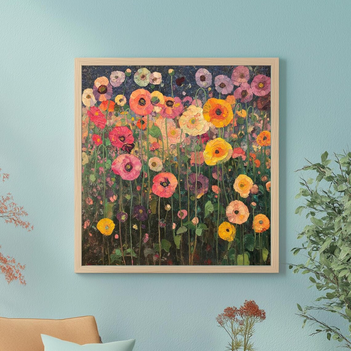 Pink Orange Poppy Garden Abundant Floral Oil Painting Art Poster