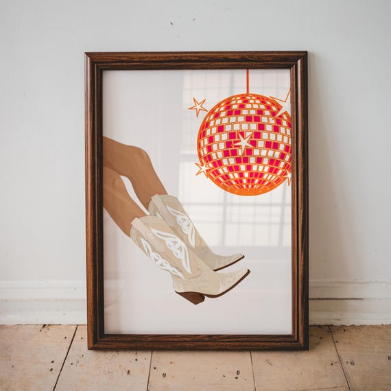 Cowgirl Boots And Disco Ball Wall Art Pink Print Trendy Decor Apartment Home Funny