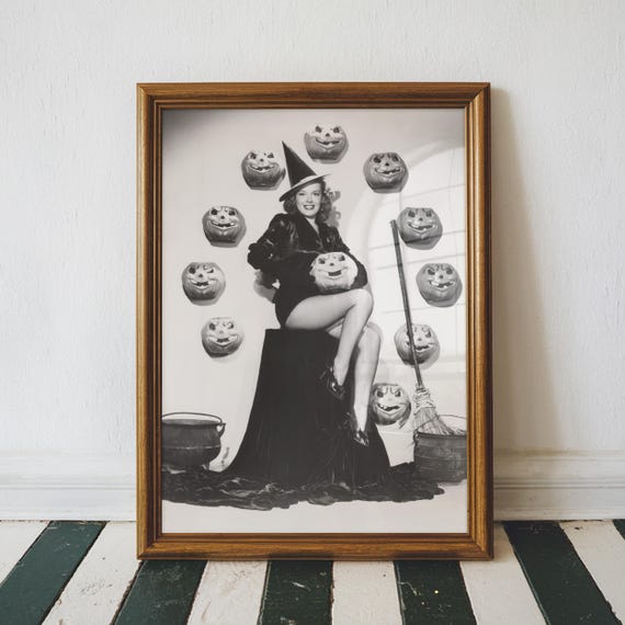 Vintage Witch Halloween Print Cute Retro Home Decor Jack O Lantern Apartment Air Bnb Unframed