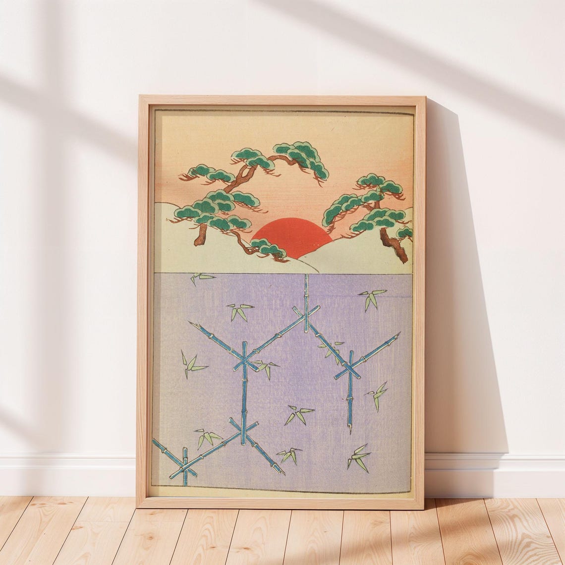 Japanese Sunrise Pine Trees Bamboo Classic Woodblock Art Poster